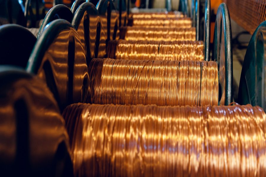 Production of copper wire, cable in reels at factory. Cable factory